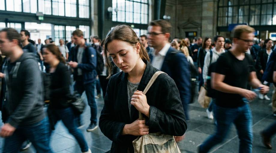 Zmęczona hałasem kobieta stojąca w rozmytym tłumie