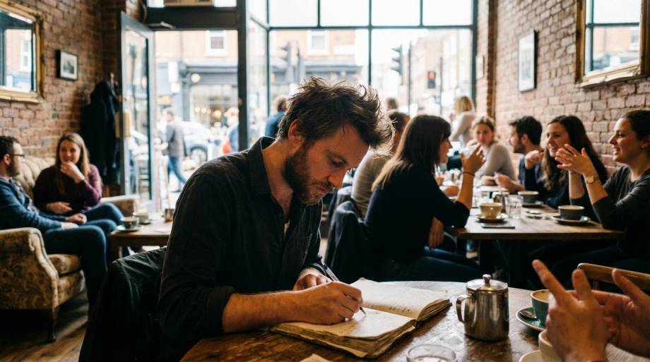 Mężczyzna skupiony na notowaniu w notesie w kawiarni
