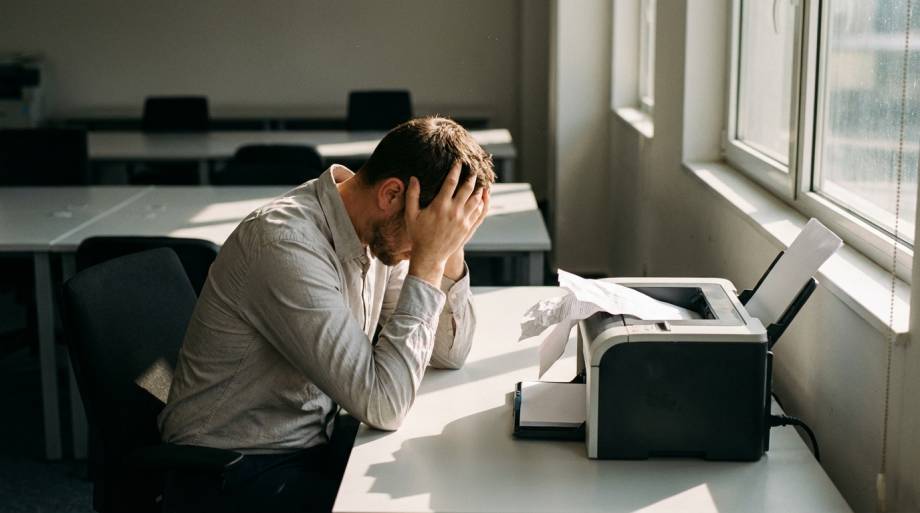 Zrezygnowany mezczyzna przy biurku patrzacy na zepsuta drukarke