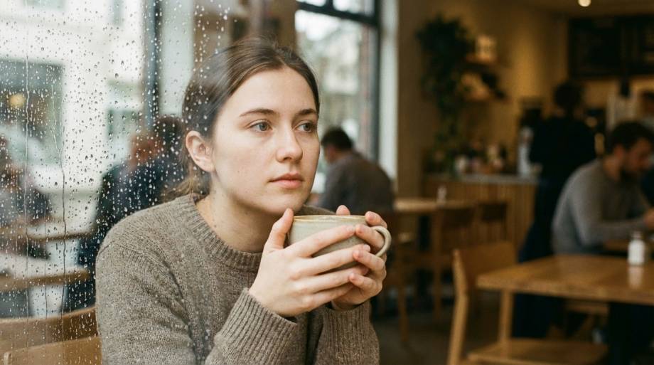 Kobieta patrząca na wzory z deszczu na szybie