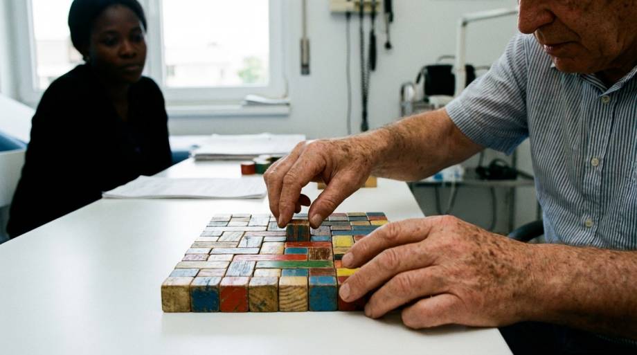 Dłonie układające wzór z klocków podczas testu inteligencji