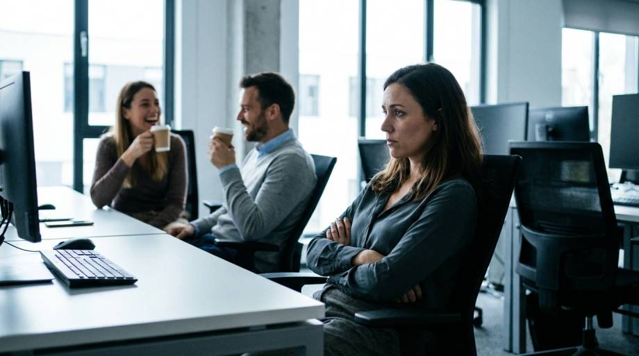 Zniechęcona kobieta siedząca samotnie przy biurku w biurze