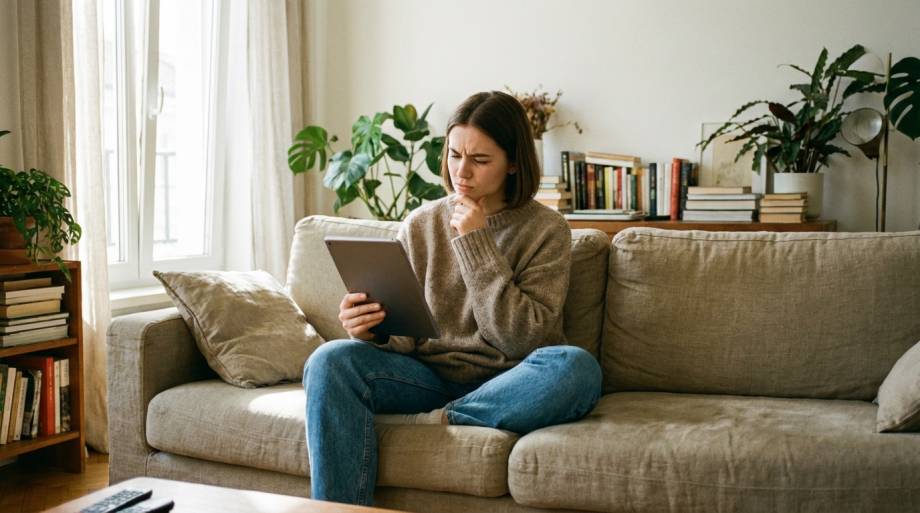 Kobieta z dystansem analizująca informacje na tablecie