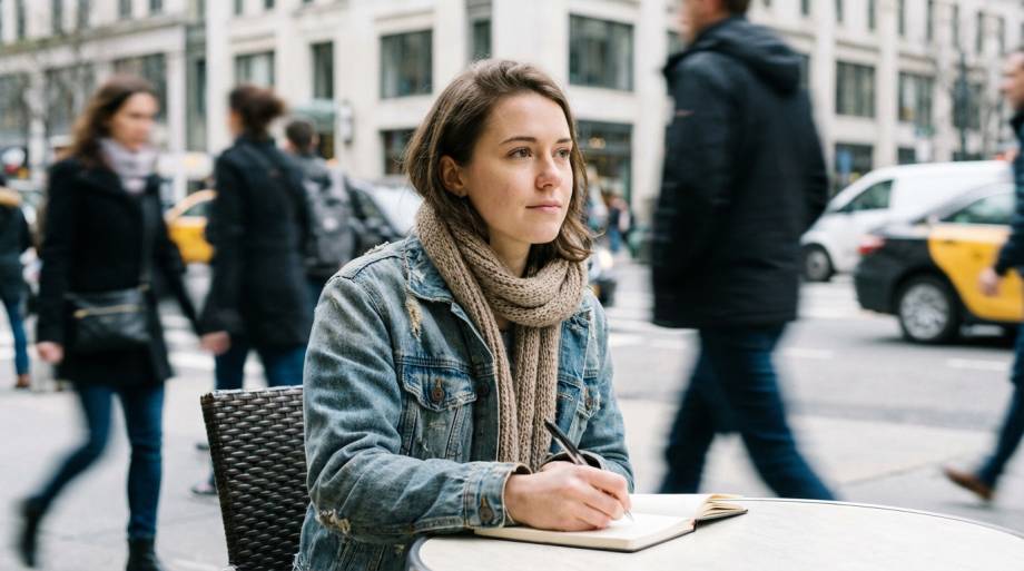 Skupiona kobieta pisząca w notatniku na tle rozmazanych przechodniów