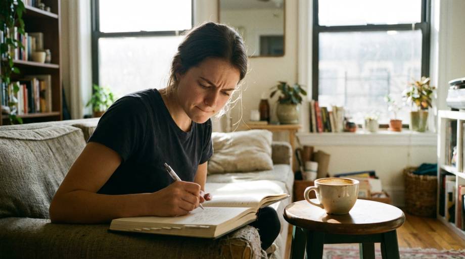 Skupiona kobieta pisząca w grubym notatniku na kanapie