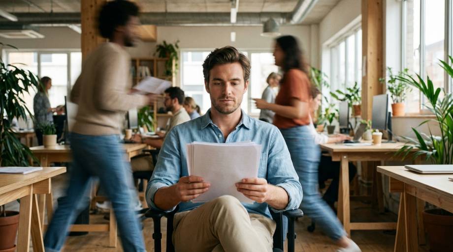 Skupiony mężczyzna czytający dokumenty w gwarnym biurze