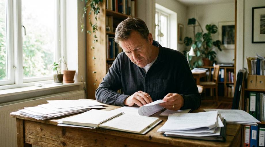 Skupiony mężczyzna pracujący przy biurku pełnym dokumentów