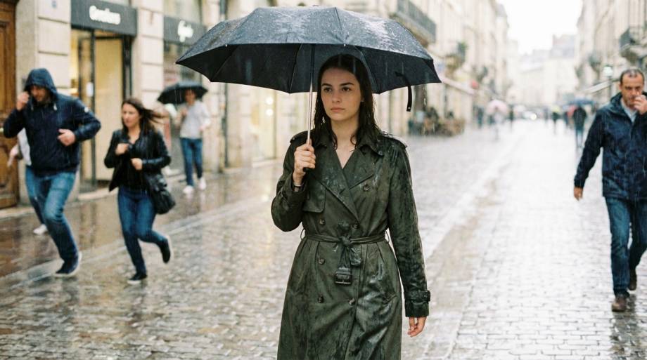 Opanowana kobieta z parasolem idąca w ulewnym deszczu