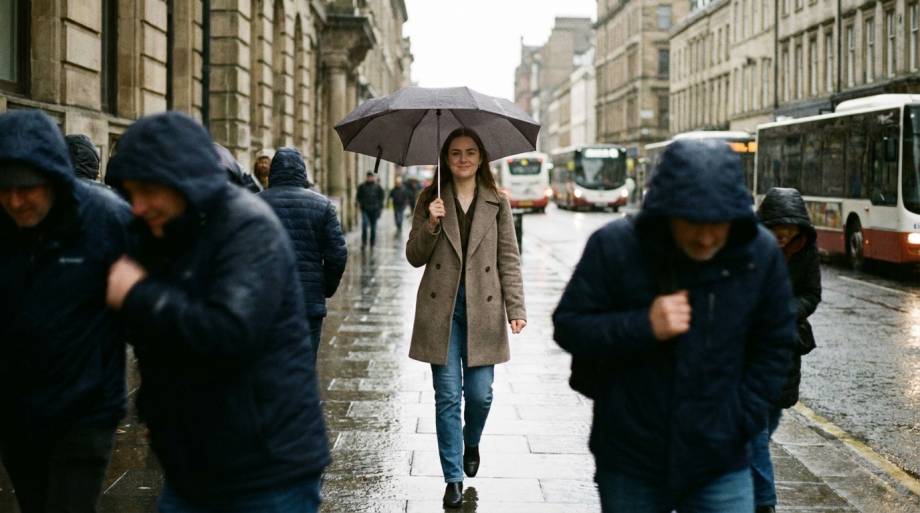 Spokojna kobieta z parasolem idąca w zatłoczonym mieście