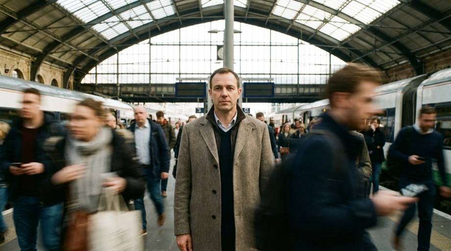 Spokojny mężczyzna stojący w tłumie na dworcu