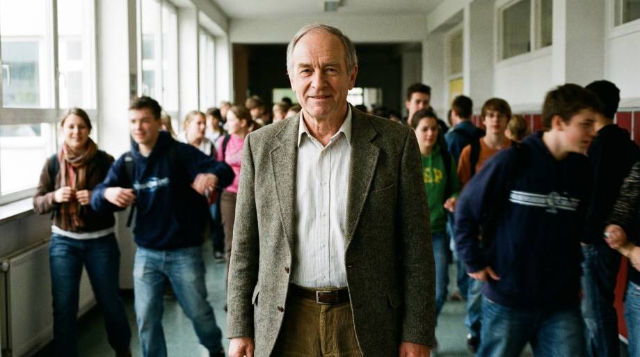 Opanowany nauczyciel stojący na tle poruszających się uczniów.