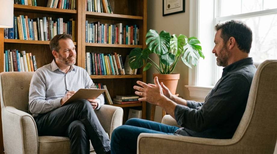 Rozmowa diagnostyczna psychologa z pacjentem w gabinecie