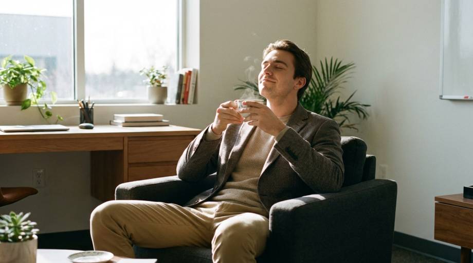 Mężczyzna z zamkniętymi oczami relaksujący się z filiżanką