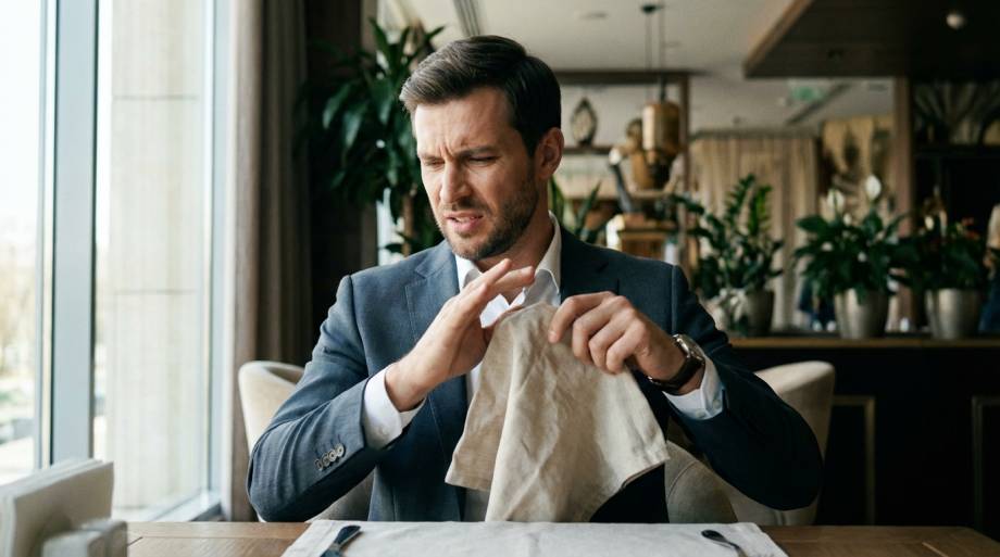 Zirytowany mężczyzna odsuwający pogniecioną serwetkę w eleganckiej restauracji