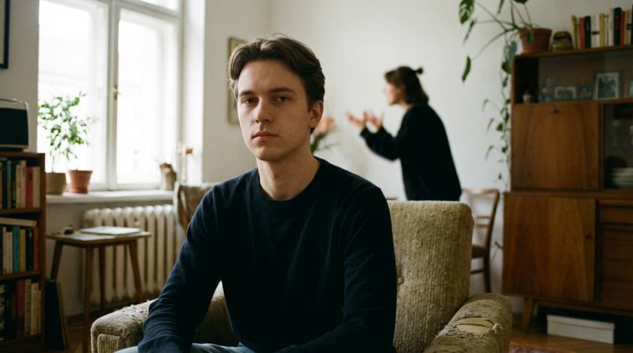 Spokojny mężczyzna ignorujący rozmytą postać w tle