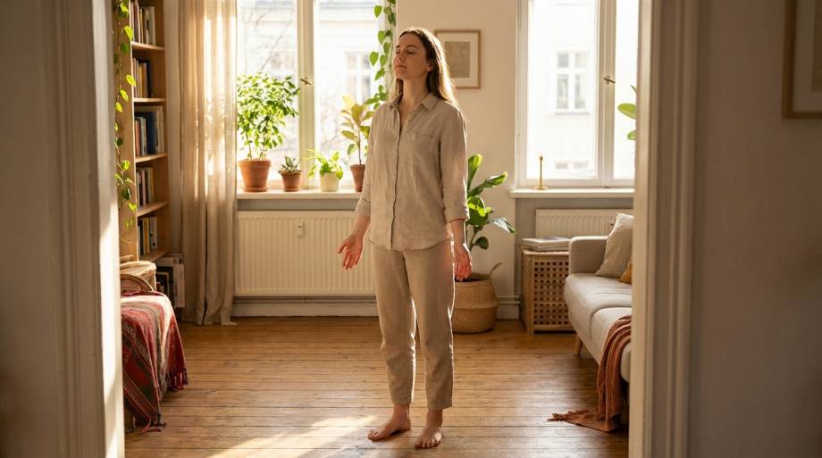 Kobieta stojąca boso na podłodze oddycha z zamkniętymi oczami