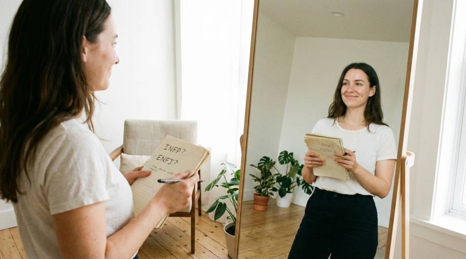 Kobieta analizująca swój profil psychologiczny przed lustrem