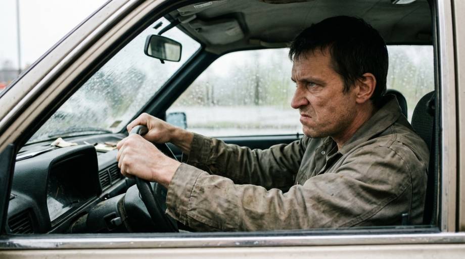 Sfrustrowany mężczyzna zaciskający dłonie na kierownicy w samochodzie