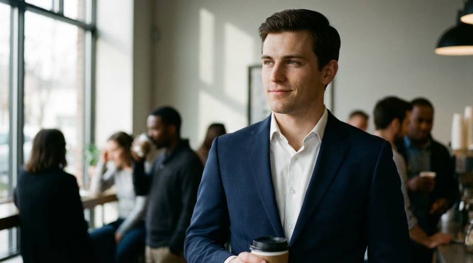 Mężczyzna w garniturze o chłodnym spojrzeniu