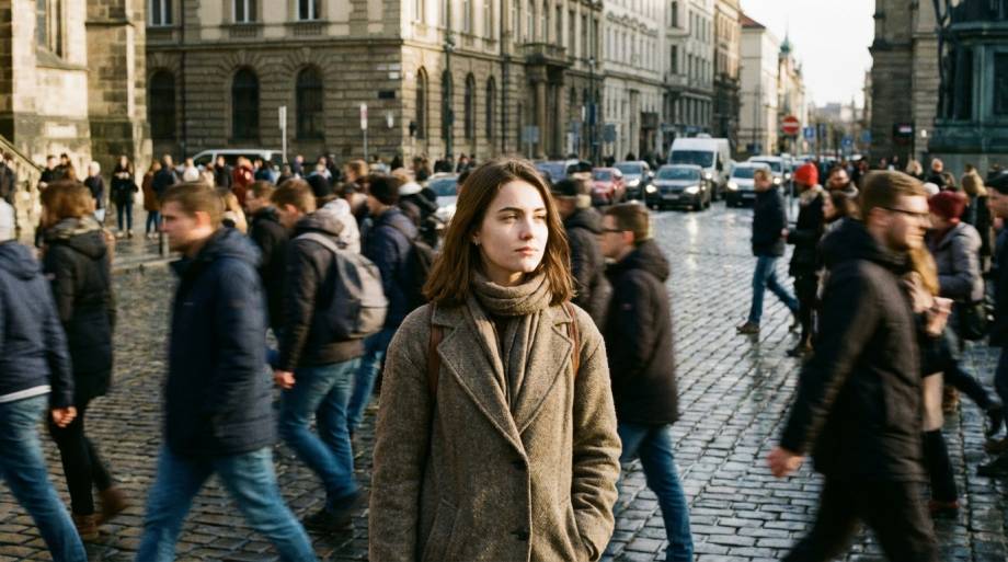 Skupiona kobieta stojąca w miejskim tłumie