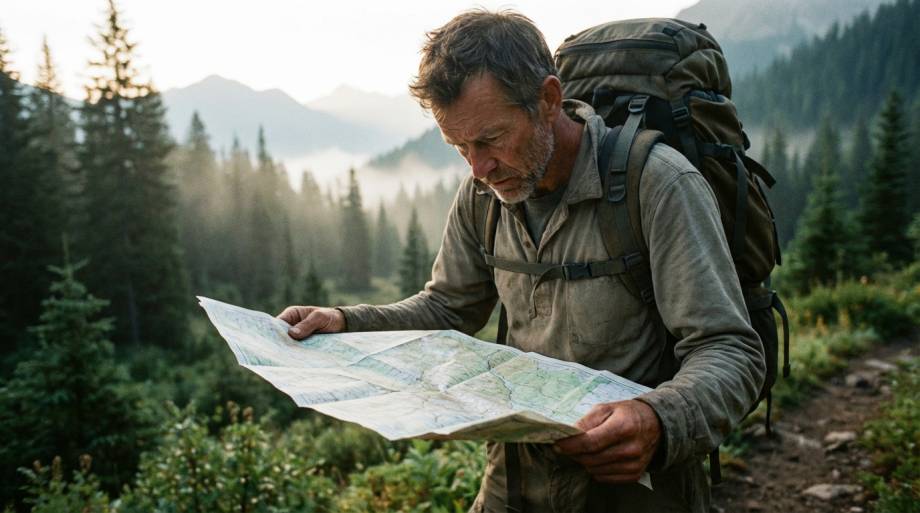 Turysta w górach analitycznie sprawdzający papierową mapę