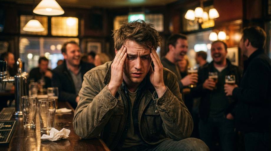 Zdezorientowany mezczyzna trzymajacy dlonie na skroniach w barze