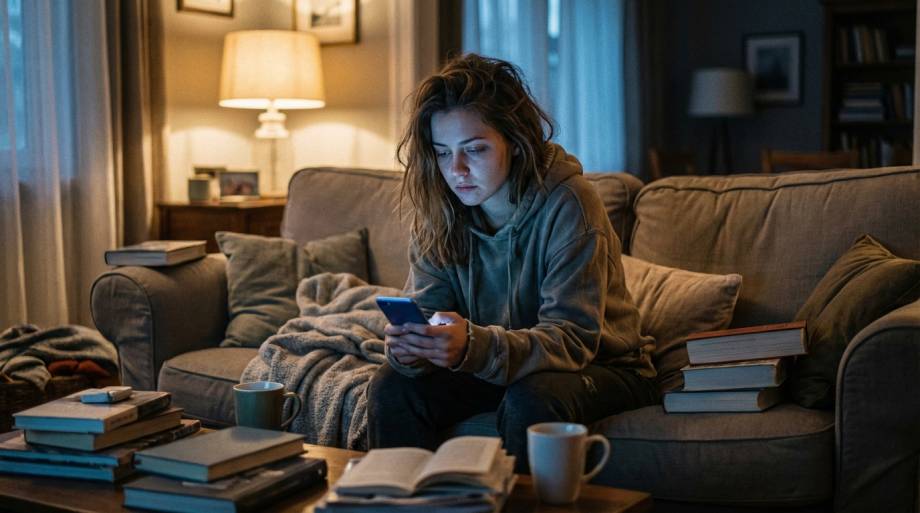 Zmęczona kobieta przeglądająca smartfon na kanapie