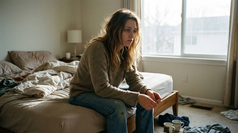 Zmeczona kobieta siedzi samotnie na krawedzi lozka