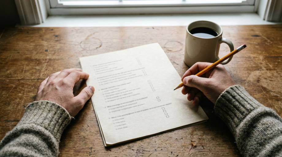 Dłonie wypełniające papierowy kwestionariusz ołówkiem