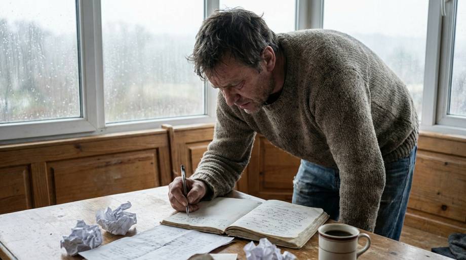 Mężczyzna intensywnie przelewający natłok myśli na papier