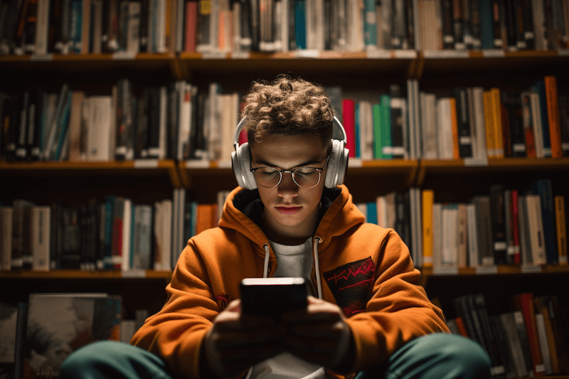 Młody mężczyzna w bibliotece, używa smartfona, na głowie założone słuchawki