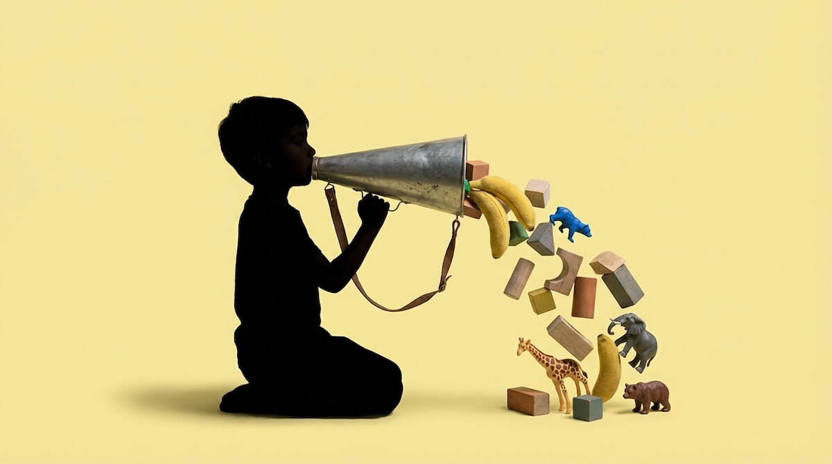 Cień dziecka z megafonem, z które wysypują się różne figurki