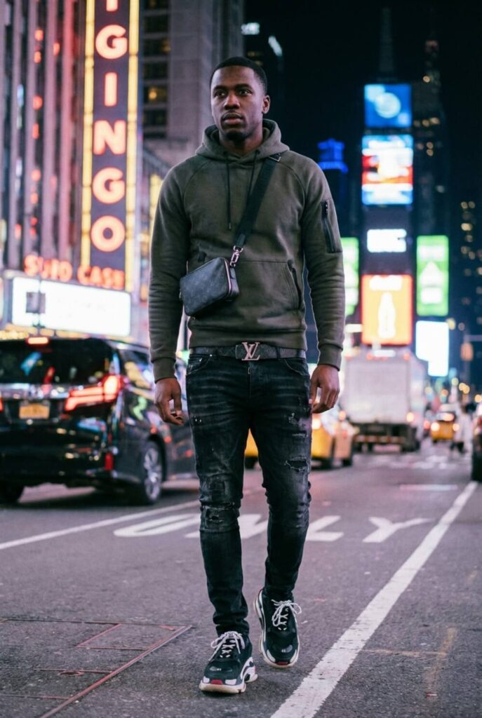 Ujęcie mężczyzny w ciemnych jeansach, z paskiem z dużą klamrą, markową saszetką i designerskimi sneakersami w nocnym mieście.