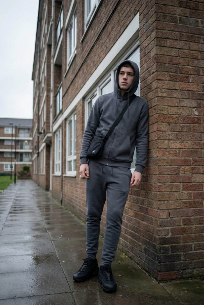 Zdjęcie młodego mężczyzny na osiedlu w szarym dresie typu Tech Fleece z nerką i butami w stylu Air Max