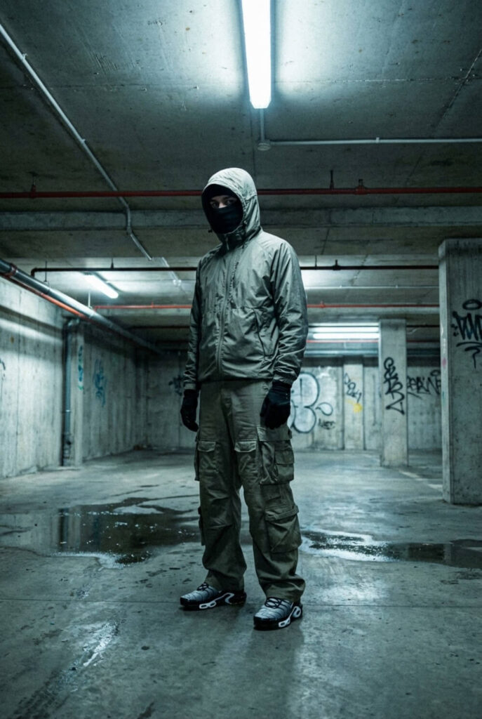 Zdjęcie mężczyzny w spodniach cargo, kurtce windbreaker i butach w stylu TN na betonowym parkingu.