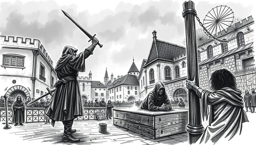 Rysunek kata z mieczem nad skazańcem, rynek miasta