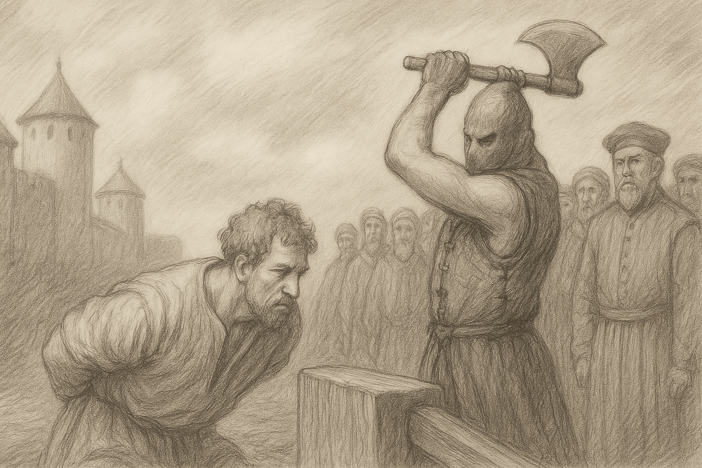 Rysunek kata z toporem podczas wymierzania kary śmierci