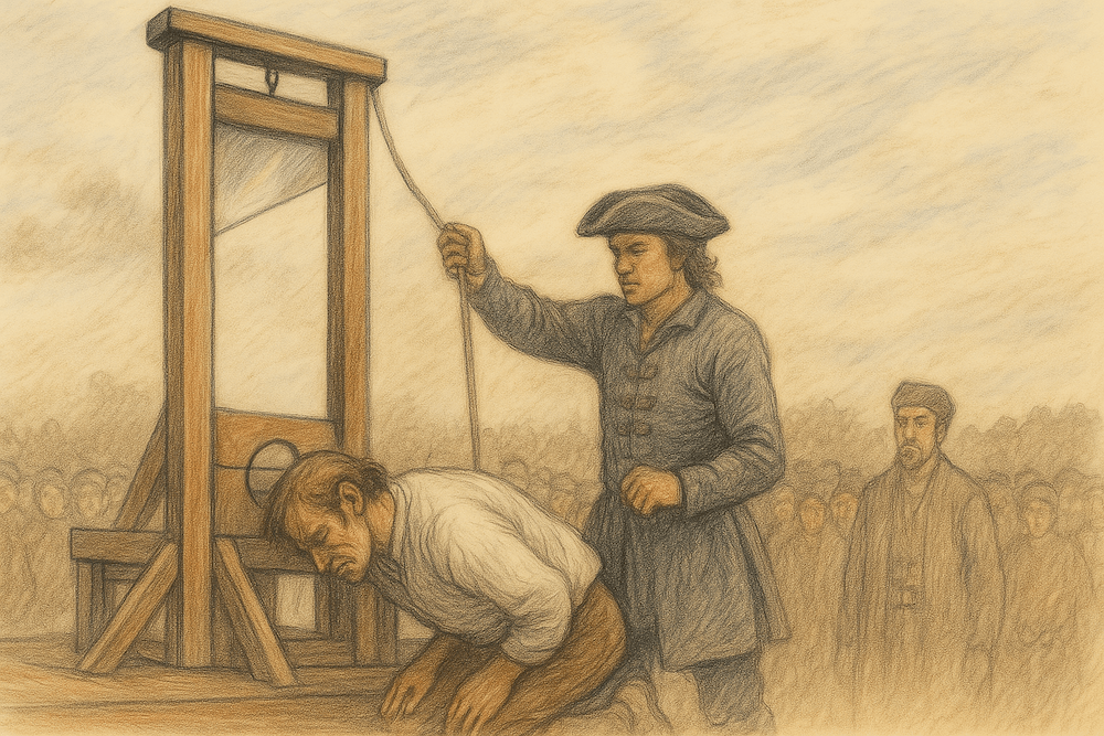 Rysunek kata i skulonego mężczyzny przy gilotynie