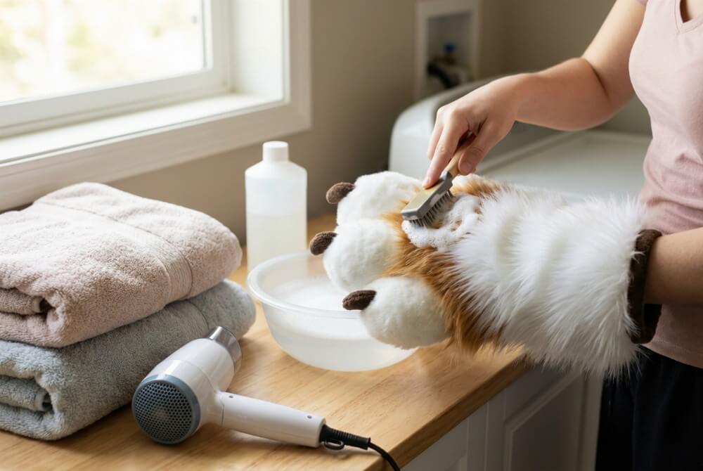 Czyszczenie elementów fursuitu (łapy) z użyciem delikatnych środków i szczotki do sztucznego futra