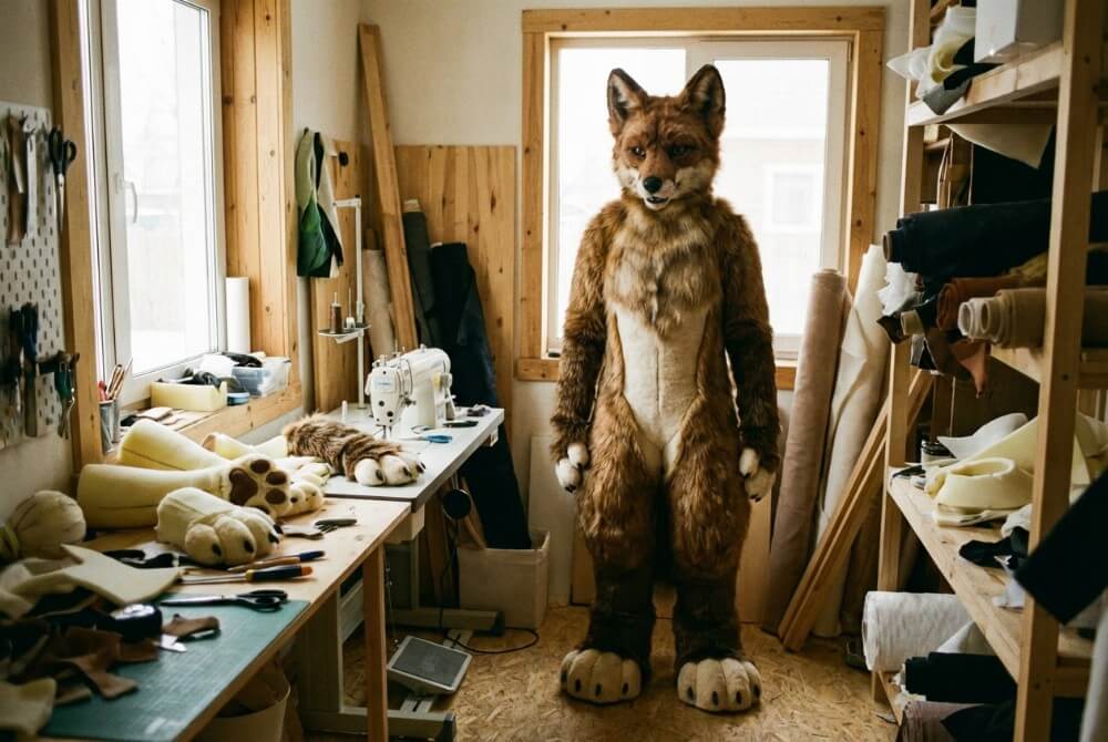 Fullsuit w pracowni twórcy, z widocznym zapleczem krawieckim i elementami modelowania sylwetki