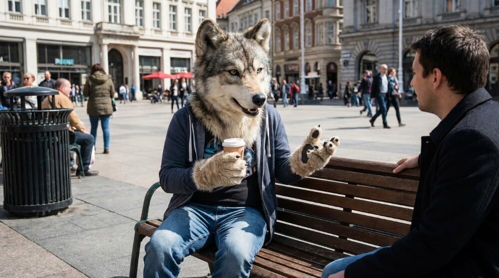 Furas w fursuitcie na ławce miejskiej rozmawiający z mężczyzną