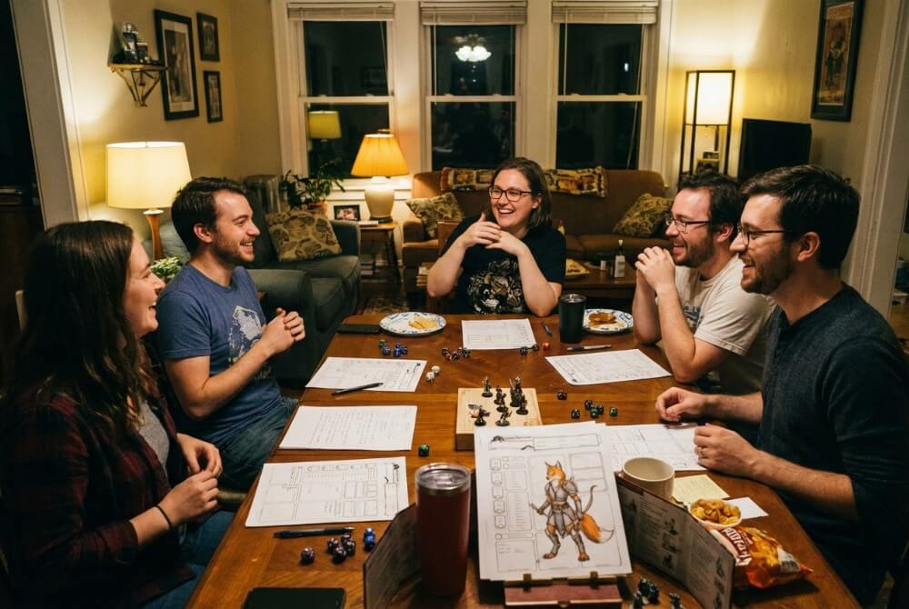 Sesja RPG ze szkicami i kartami postaci, w tym kartą przedstawiającą fursonę