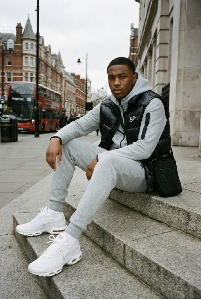 Mężczyzna w szarym dresie roadman siedzący na betonowych schodach w londyńskim otoczeniu miejskim