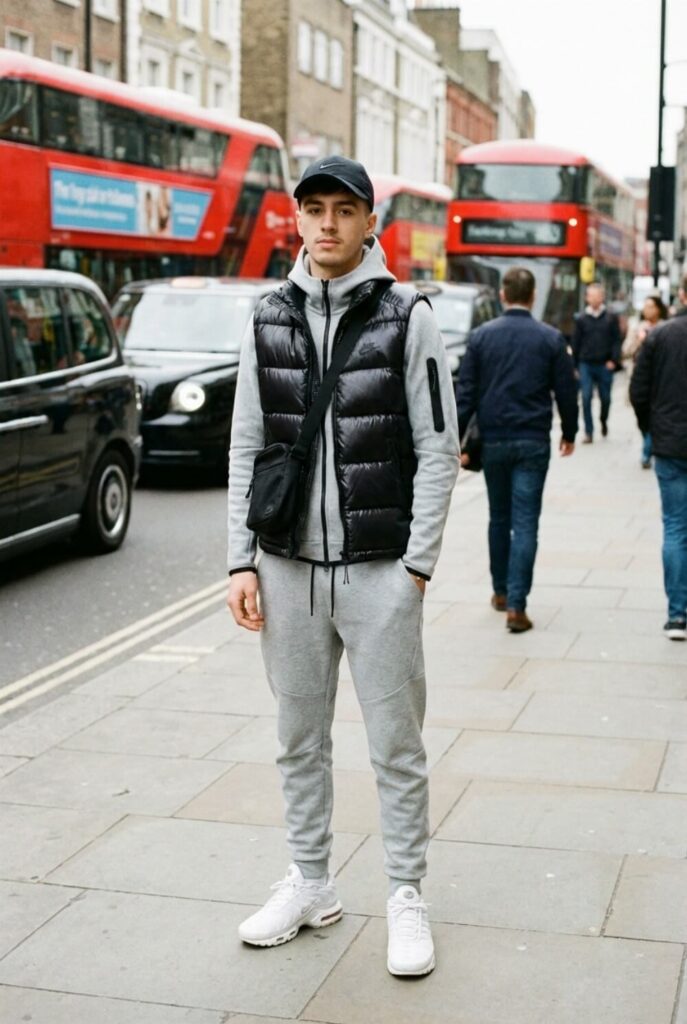 Mężczyzna w szarym dresie i czarnym bezrękawniku w stylu roadman na ulicy Londynu, pełna sylwetka streetwear