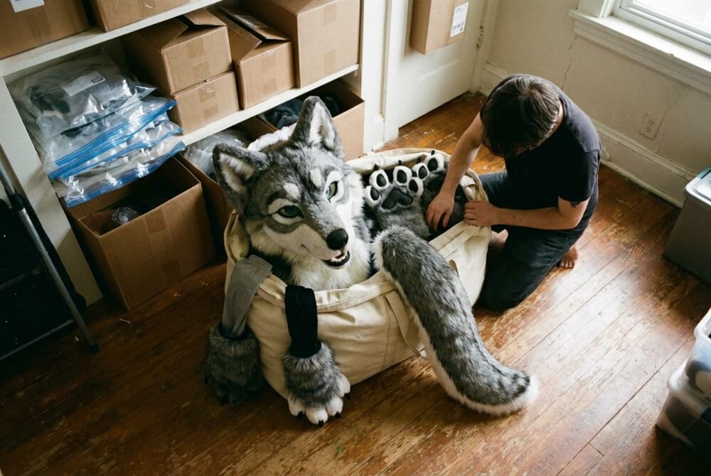 Pakowanie elementów fursuitu do torby transportowej, pokazujące gabaryty i logistykę przechowywania