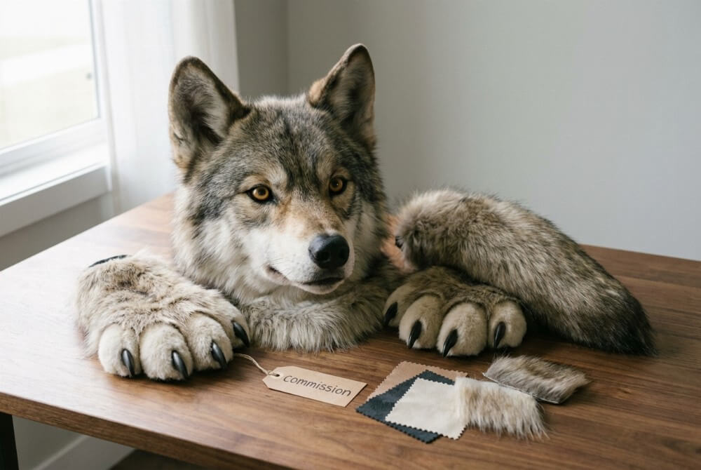 Zestaw partial fursuit: głowa, łapy i ogon ułożone na stole do prezentacji