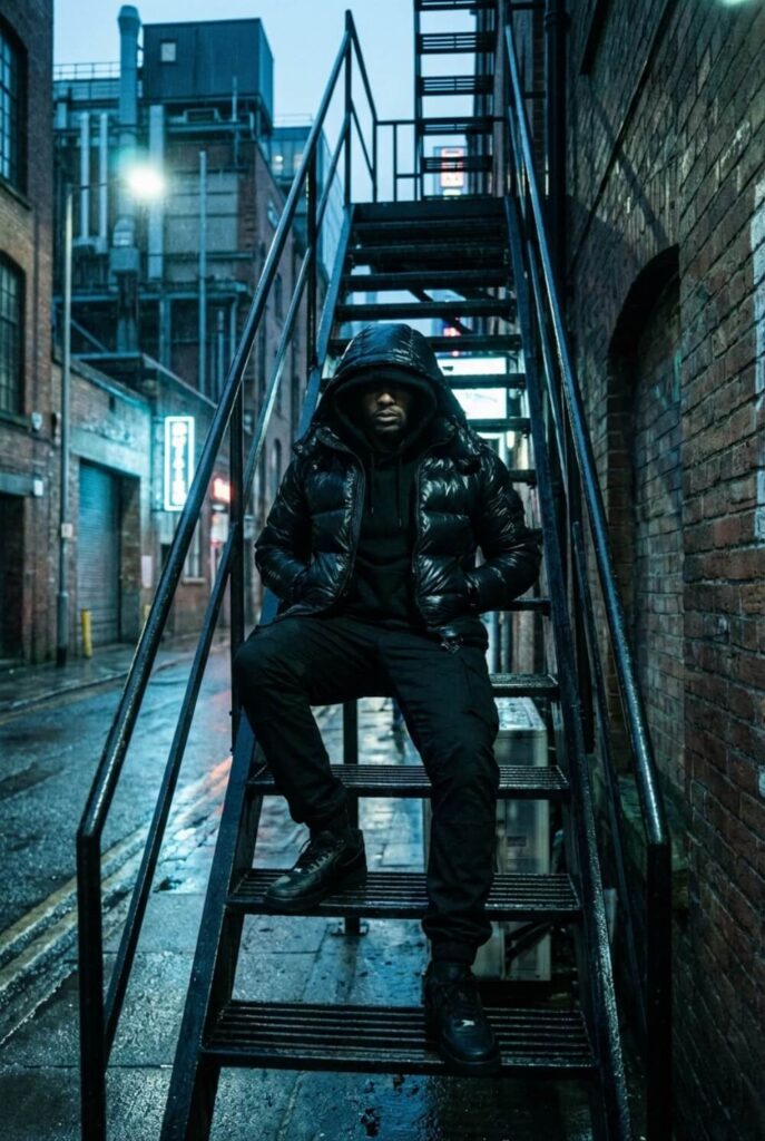 Mężczyzna w czarnej stylizacji stealth siedzący wieczorem na metalowych schodach w industrialnym otoczeniu