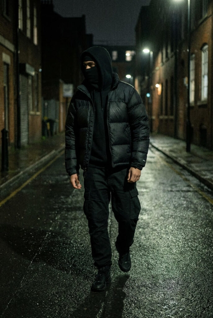 Mężczyzna w całkowicie czarnej stylizacji stealth z kominiarką, stojący nocą w ciemnej uliczce