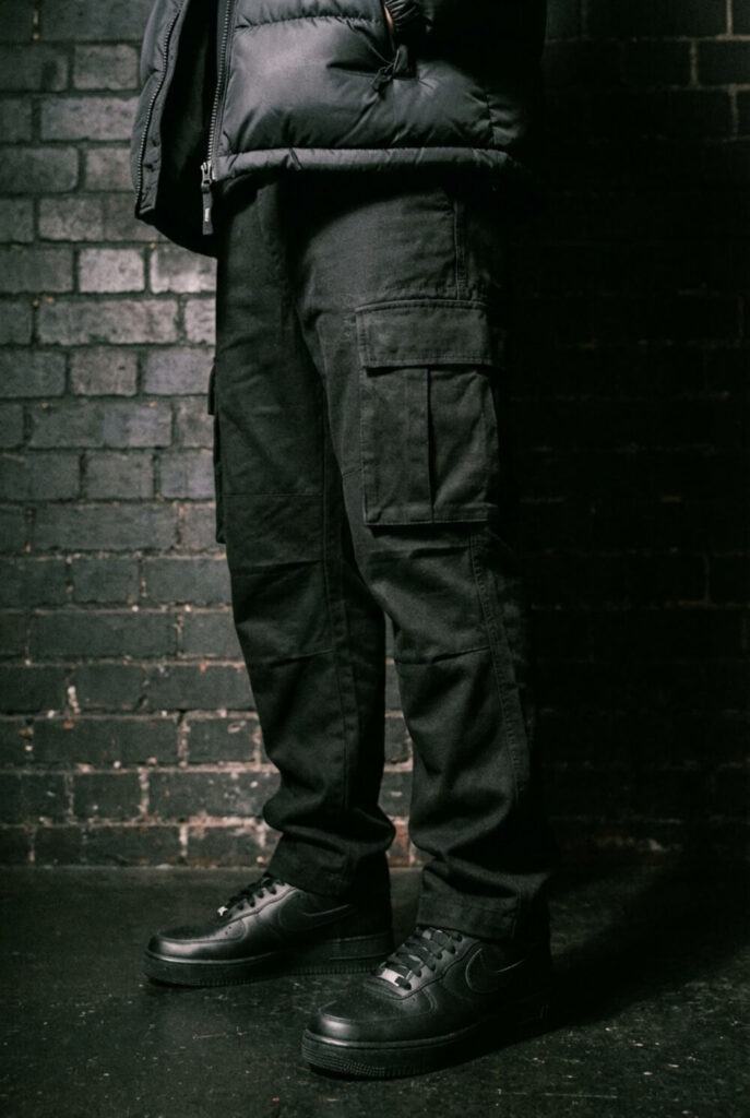 Zbliżenie na czarne spodnie cargo i czarne sneakersy w stylu Air Force 1 w mrocznym ulicznym otoczeniu