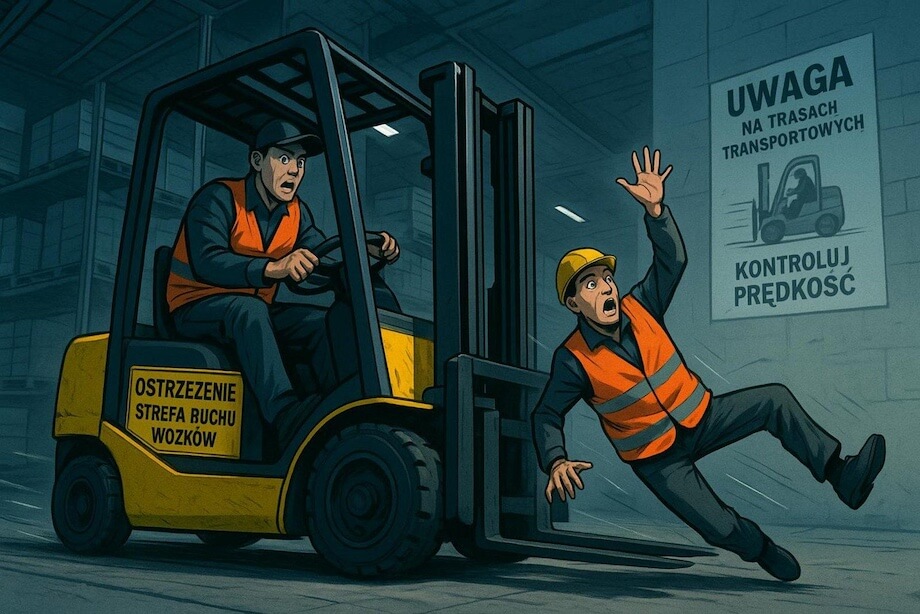 Grafika, osoba prowadząca wózek widłowy potrąca innego pracownika